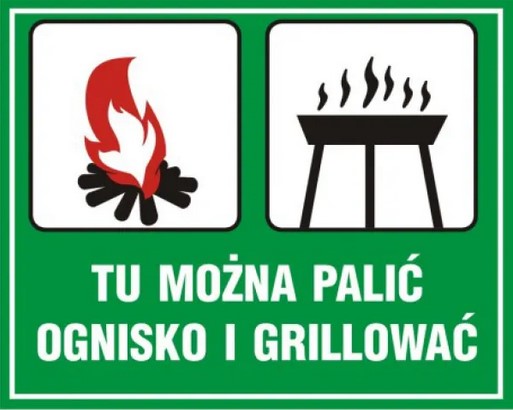 Grafika&#x20;przedstawiająca&#x20;czarno-czerwony&#x20;symbol&#x20;ogniska&#x20;i&#x20;czarną&#x20;sylwetkę&#x20;grilla&#x20;umieszczone&#x20;obok&#x20;siebie&#x20;na&#x20;białym&#x20;tle&#x2c;&#x20;wklejone&#x20;na&#x20;zieloną&#x20;stronę&#x20;z&#x20;białą&#x20;ramką&#x20;i&#x20;białym&#x20;napisem&#x20;&#x22;TU&#x20;MOŻNA&#x20;PALIĆ&#x20;OGNISKO&#x20;I&#x20;GRILLOWAĆ&#x22;